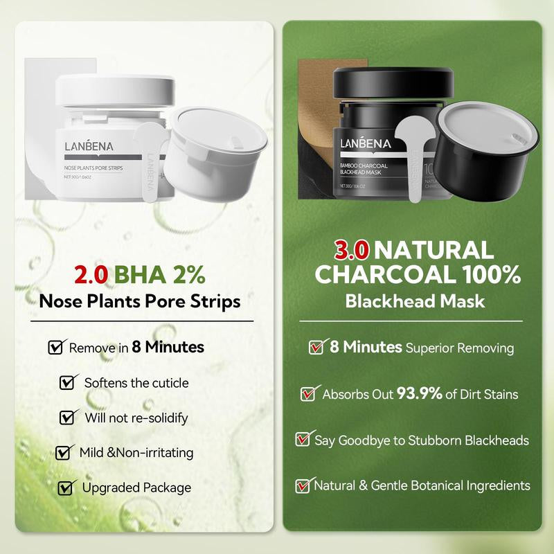 LANBENA 2% BHA Nose Plants Pore Strips & Bamboo Charcoal Blackhead Mask Set Deep Cleansing with Amazonian White Clay & Aloe Vera 30G for Pore Health - Moisturize