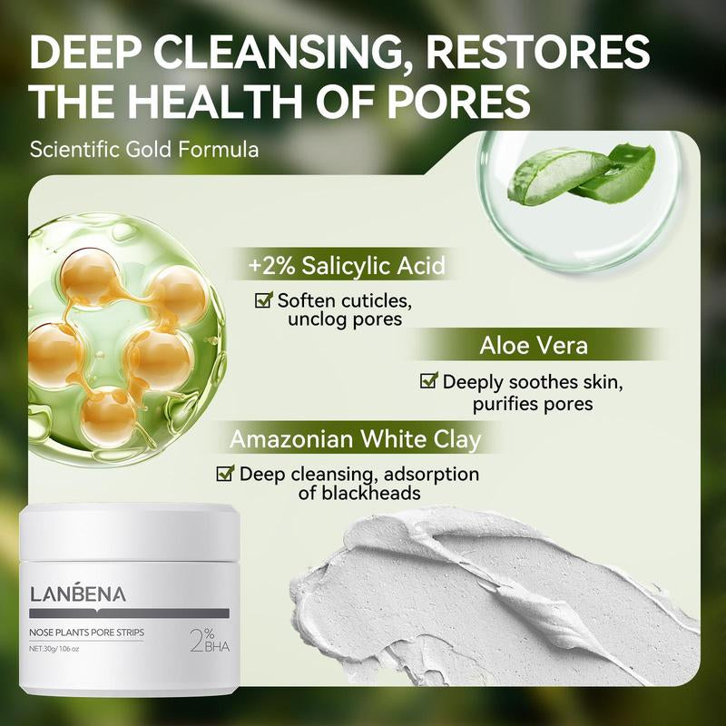 LANBENA 2% BHA Nose Plants Pore Strips & Bamboo Charcoal Blackhead Mask Set Deep Cleansing with Amazonian White Clay & Aloe Vera 30G for Pore Health - Moisturize